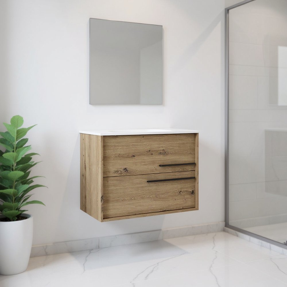 24" Natural Wood Floating Bathroom Vanity With White Sink And Two Drawers