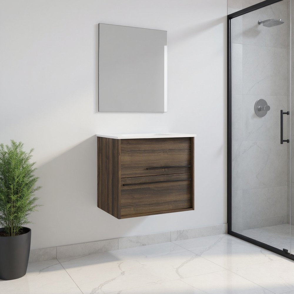 24" Dark Brown Wood Floating Bathroom Vanity With White Sink And Two Drawers