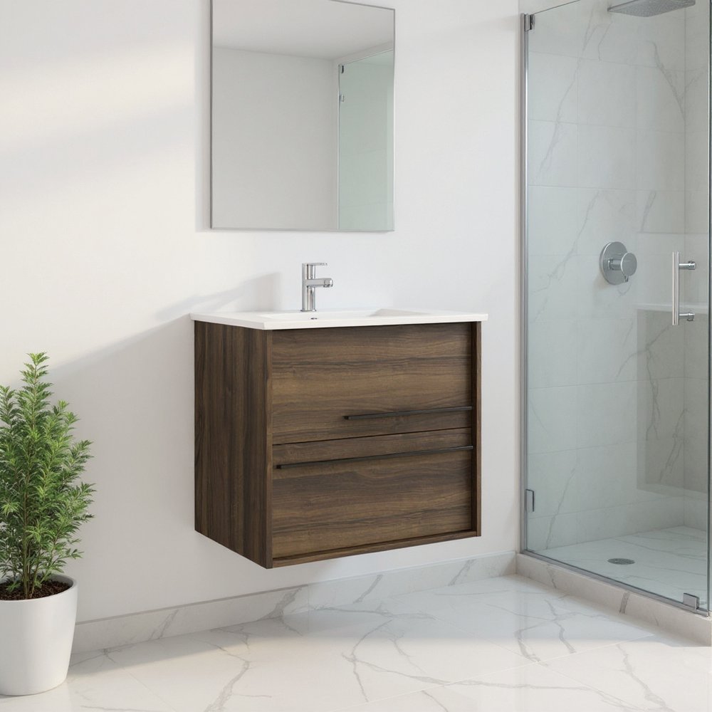 24" Dark Brown Wood Floating Bathroom Vanity With White Sink And Two Drawers