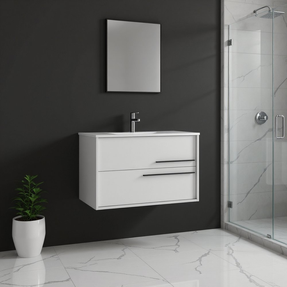 32" Off White Wood Floating Bathroom Vanity With White Sink And Two Drawers