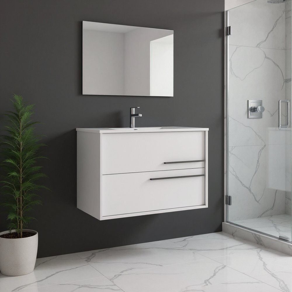 32" Off White Wood Floating Bathroom Vanity With White Sink And Two Drawers