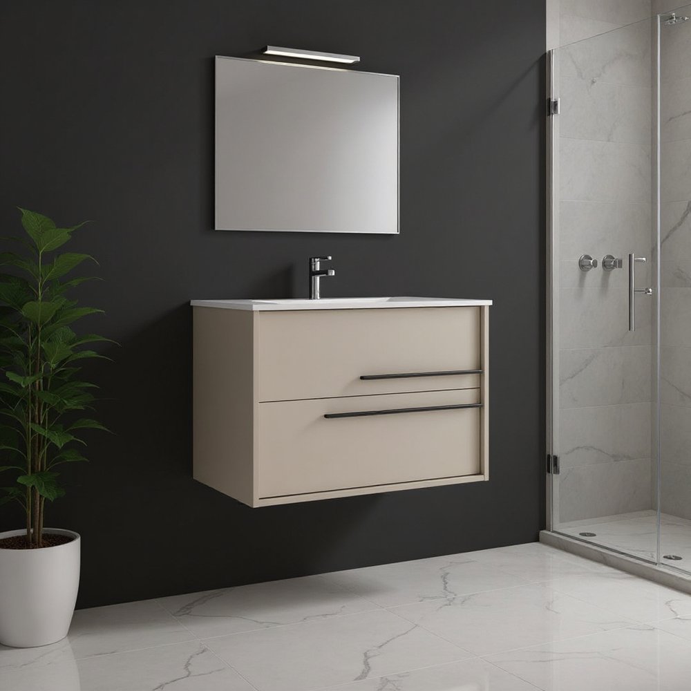 32" Tan Wood Floating Bathroom Vanity With White Sink And Two Drawers