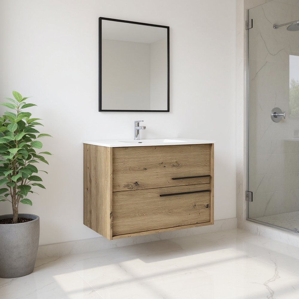 32" Natural Wood Floating Bathroom Vanity With White Sink And Two Drawers