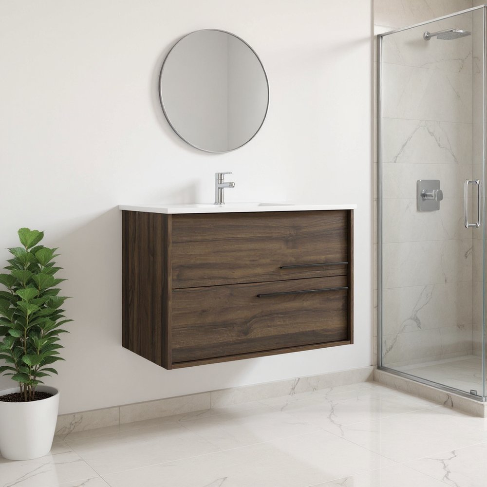 32" Dark Brown Wood Floating Bathroom Vanity With White Sink And Two Drawers