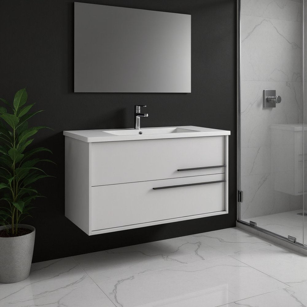 40" Off White Wood Floating Bathroom Vanity With White Sink And Two Drawers