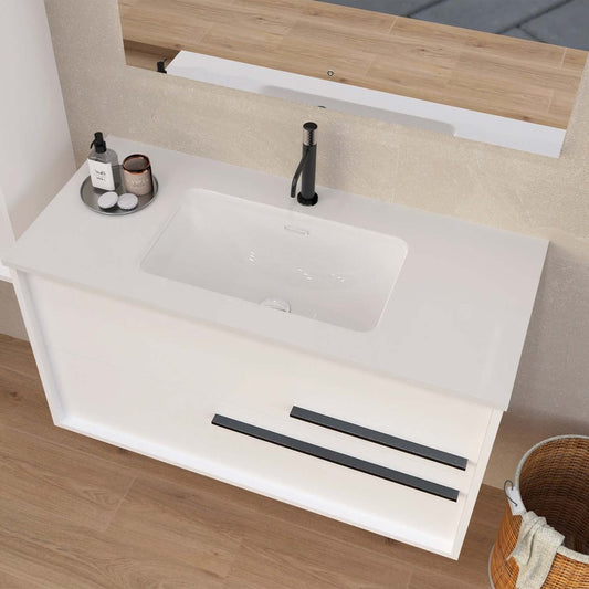 40" Off White Wood Floating Bathroom Vanity With White Sink And Two Drawers