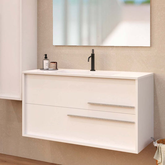40" Off White Wood Floating Bathroom Vanity With White Sink And Two Drawers