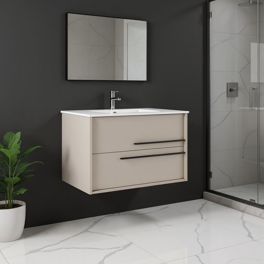 40" Tan Wood Floating Bathroom Vanity With White Sink And Two Drawers