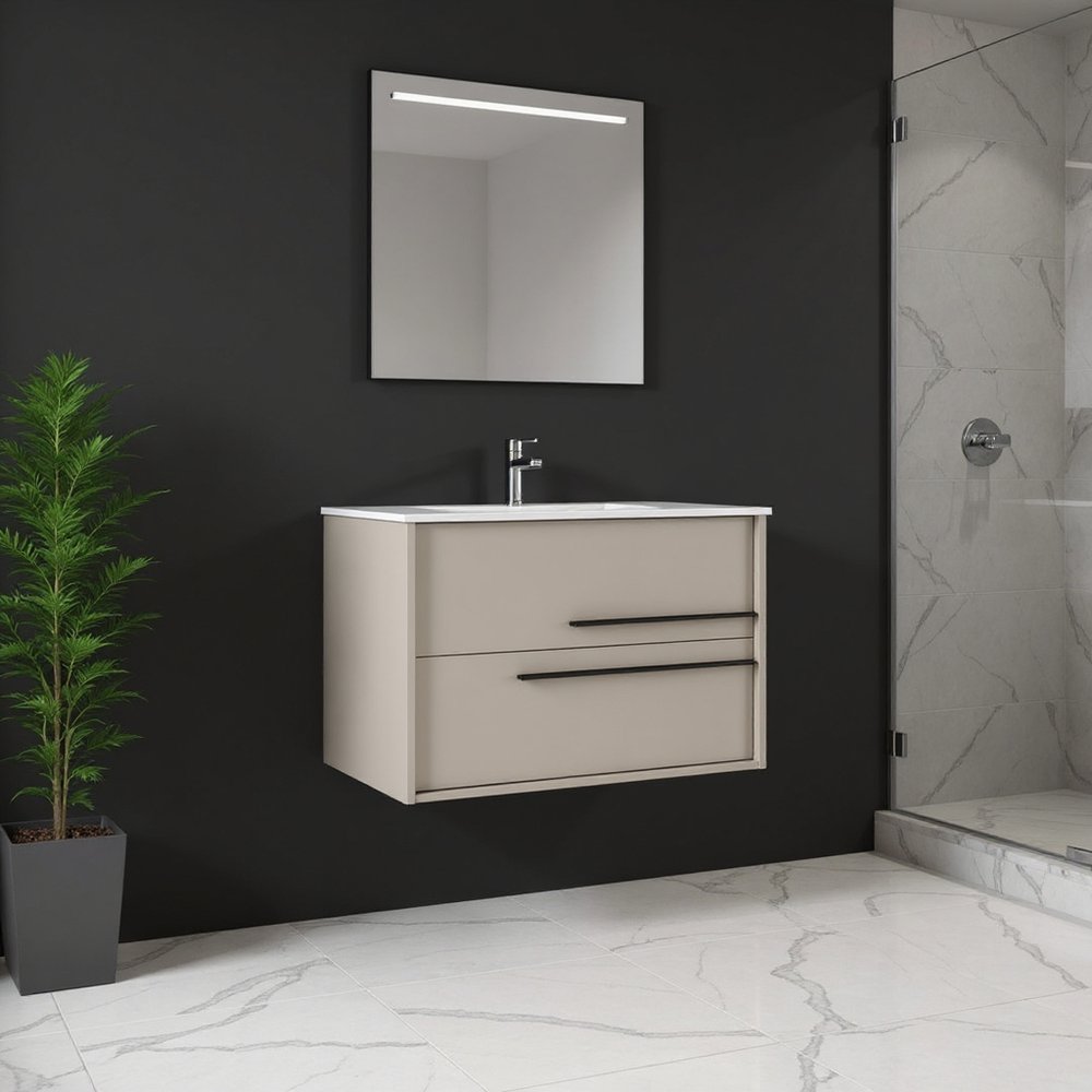 40" Tan Wood Floating Bathroom Vanity With White Sink And Two Drawers