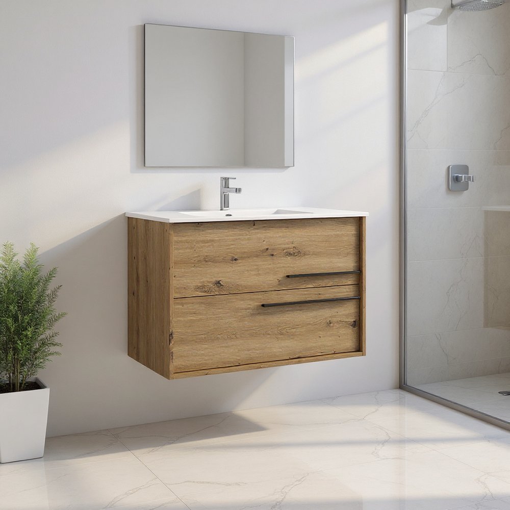 40" Natural Wood Floating Bathroom Vanity With White Sink And Two Drawers