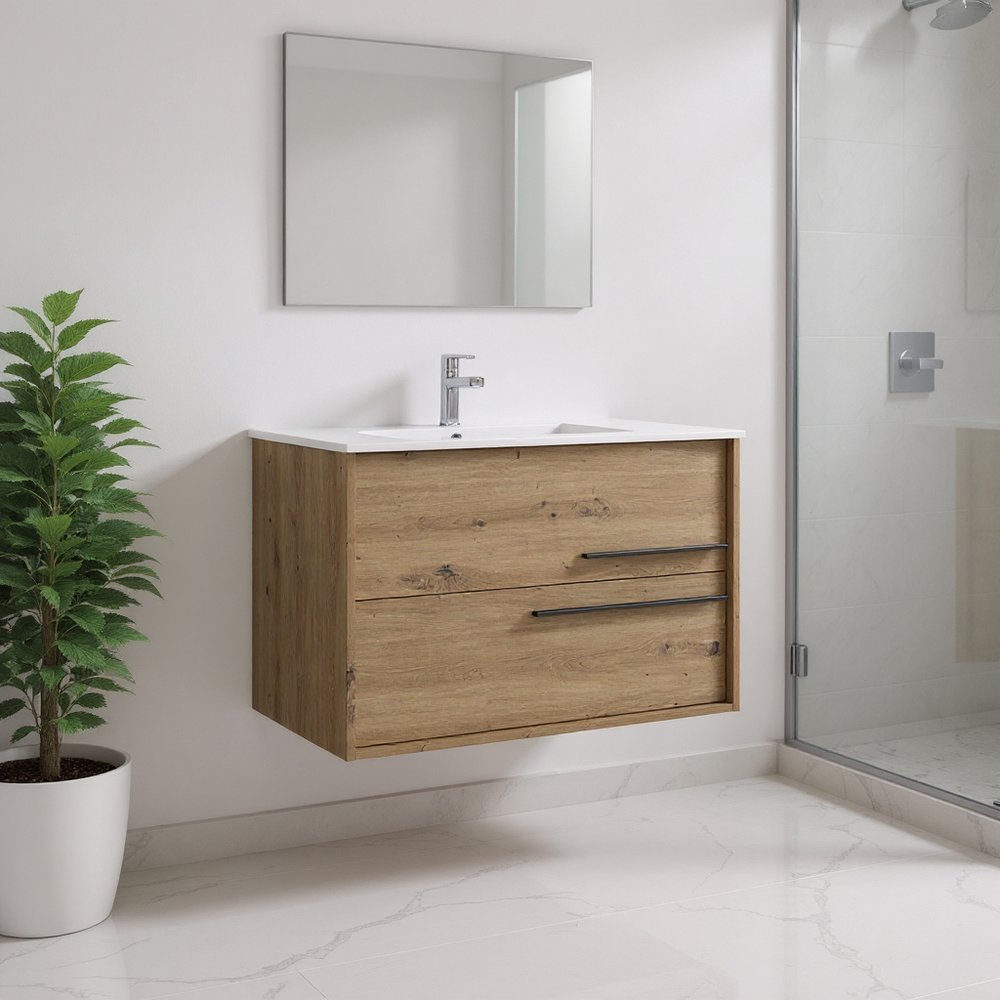 40" Natural Wood Floating Bathroom Vanity With White Sink And Two Drawers