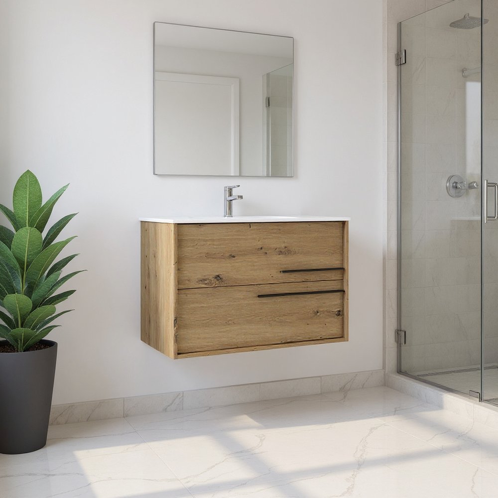 40" Natural Wood Floating Bathroom Vanity With White Sink And Two Drawers