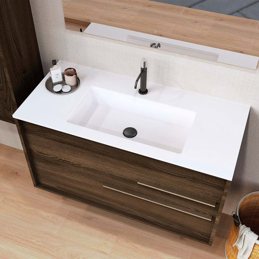 40" Dark Brown Wood Floating Bathroom Vanity With White Sink And Two Drawers