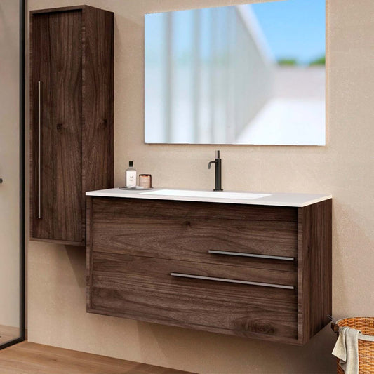 40" Dark Brown Wood Floating Bathroom Vanity With White Sink And Two Drawers