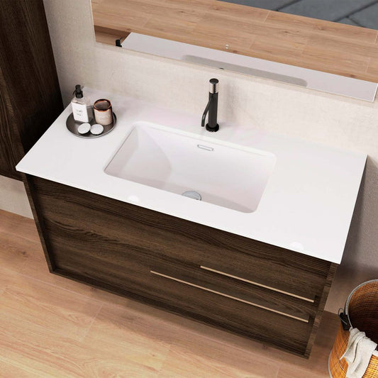 40" Dark Brown Wood Floating Bathroom Vanity With White Sink And Two Drawers