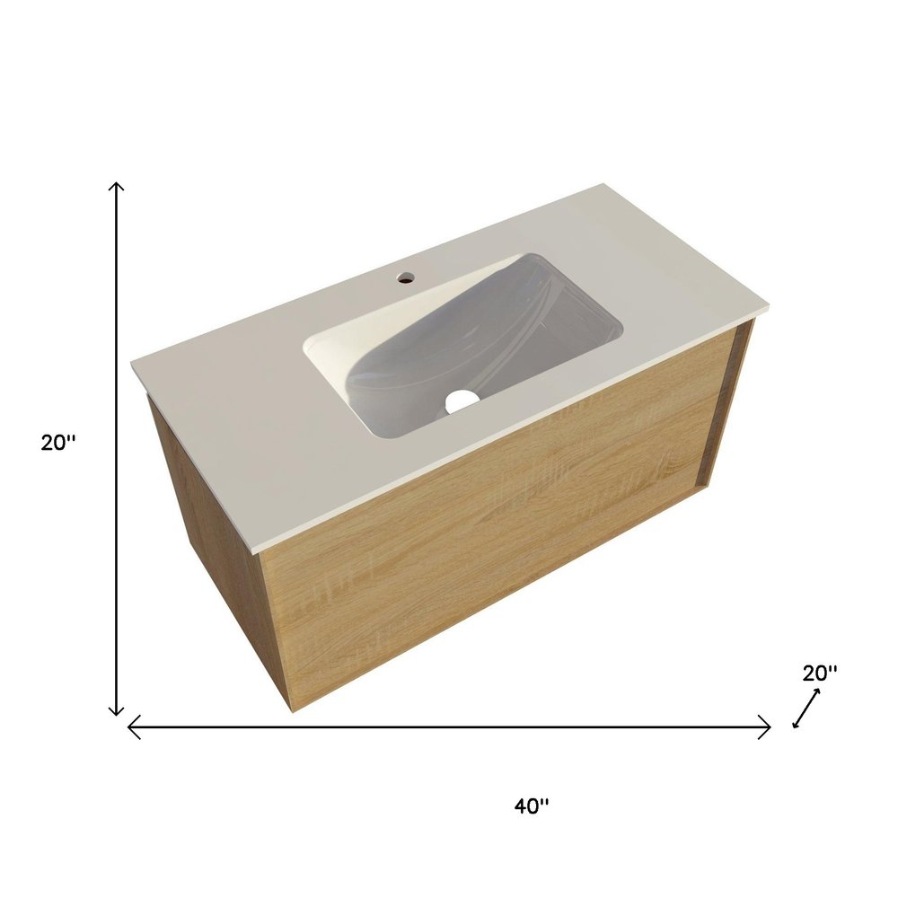 40" Oak Wood Floating Bathroom Vanity With White Sink And Two Drawers