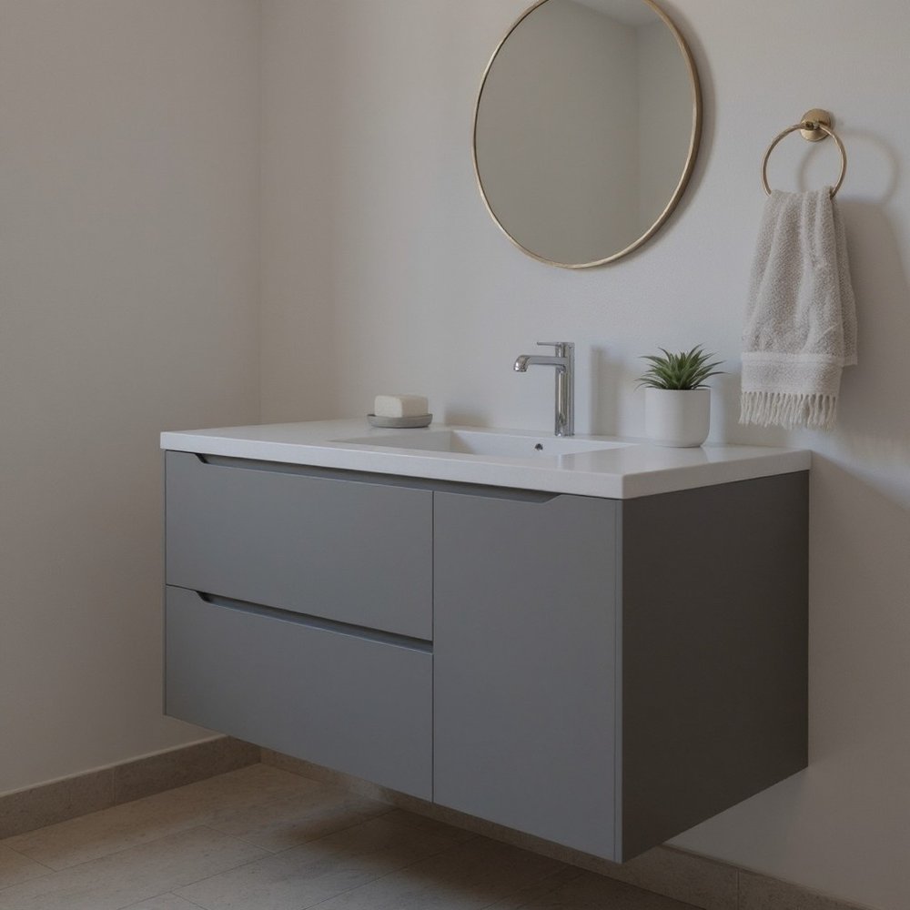 40" Gray Wood Floating Bathroom Vanity With White Sink And Two Drawers