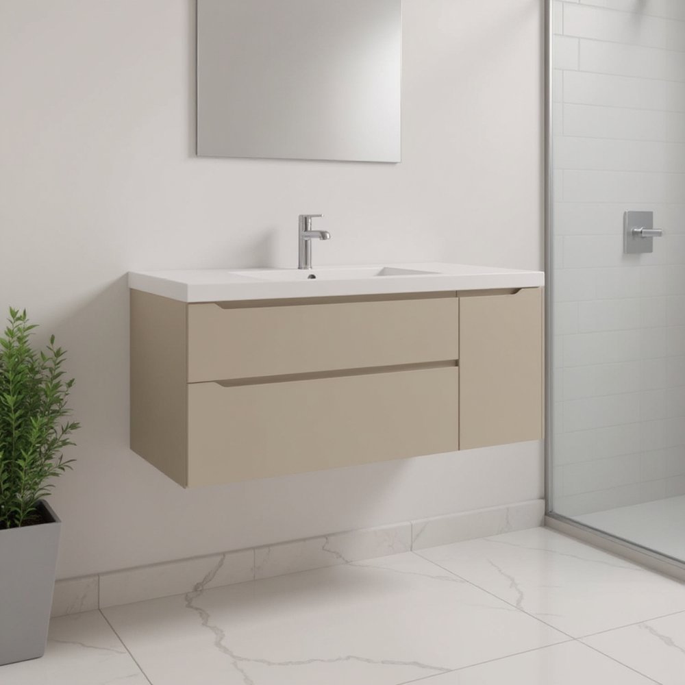 48" Taupe Wood Floating Bathroom Vanity With White Sink And Two Drawers