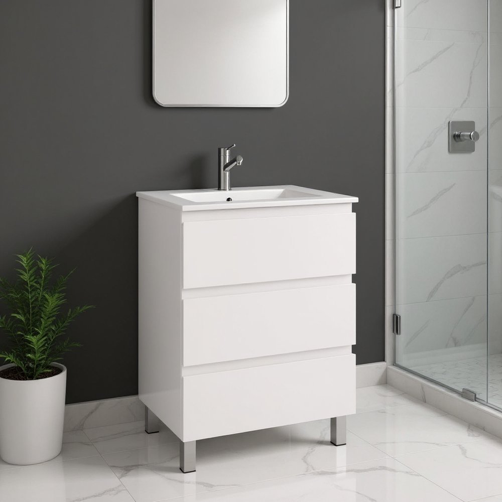 24" White Wood Freestanding Bathroom Vanity With White Sink And Three Drawers