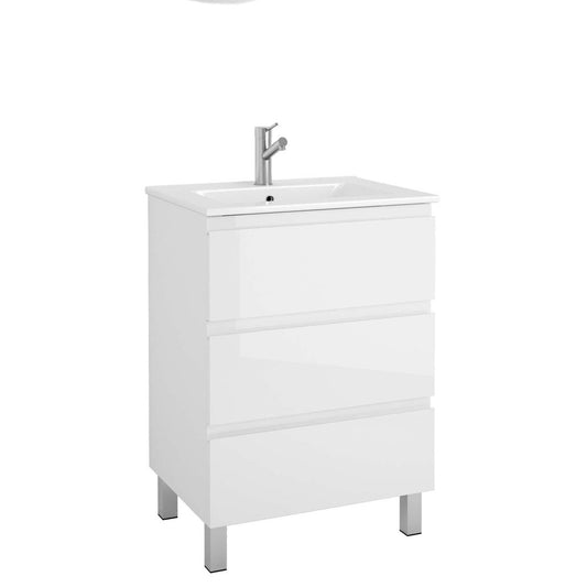 24" White Wood Freestanding Bathroom Vanity With White Sink And Three Drawers