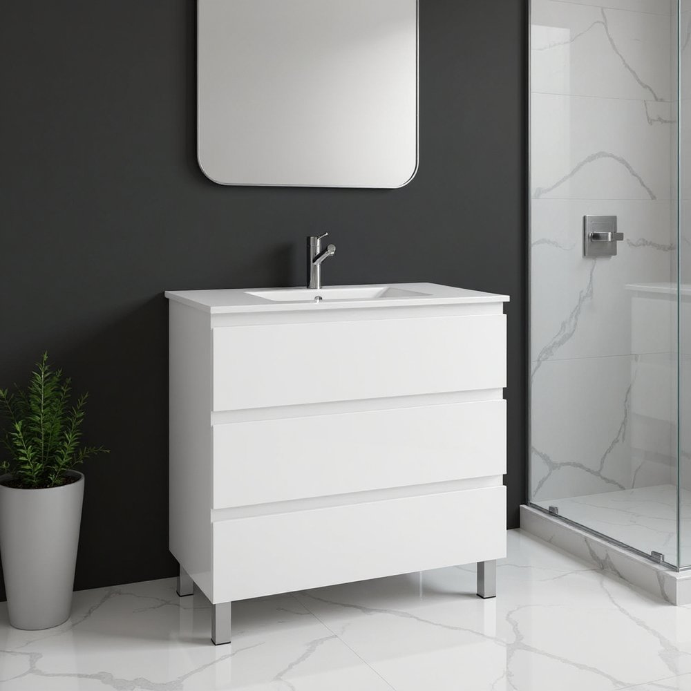 32" White Wood Freestanding Bathroom Vanity With White Sink And Three Drawers