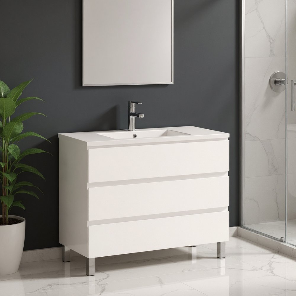 40" White Wood Freestanding Bathroom Vanity With White Sink And Three Drawers