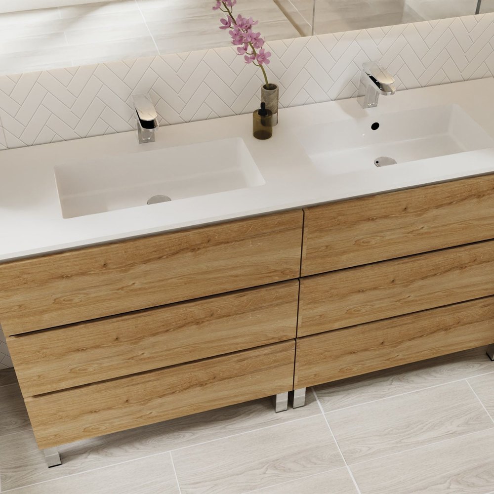64" Oak Wood Freestanding Bathroom Vanity With White Sink And Three Drawers