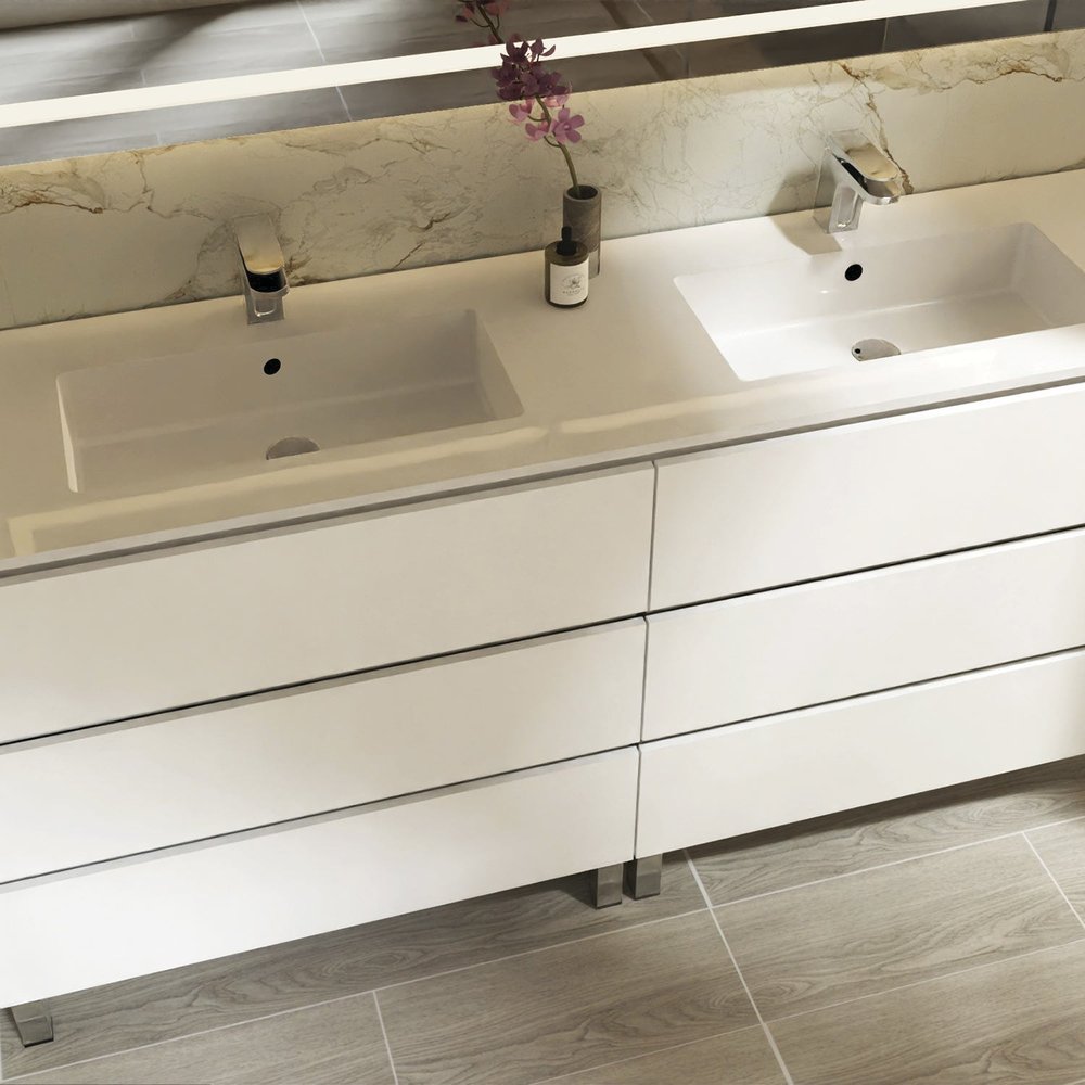 72" White Wood Freestanding Bathroom Vanity With White Sink And Three Drawers