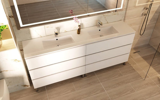 80" White Wood Freestanding Bathroom Vanity With White Sink And Three Drawers