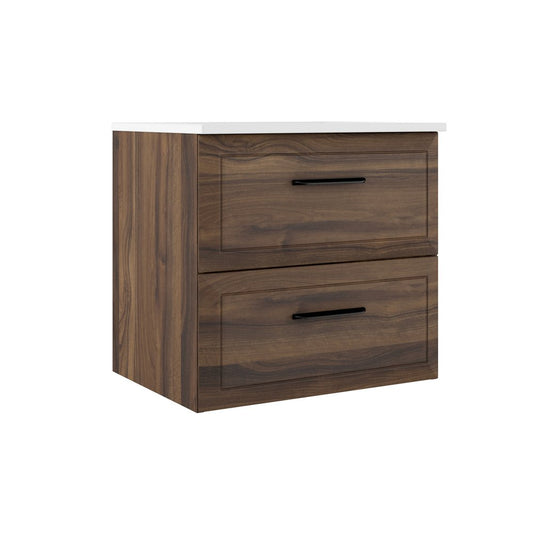 24" Dark Brown Wood Floating Bathroom Vanity With White Sink And Two Drawers