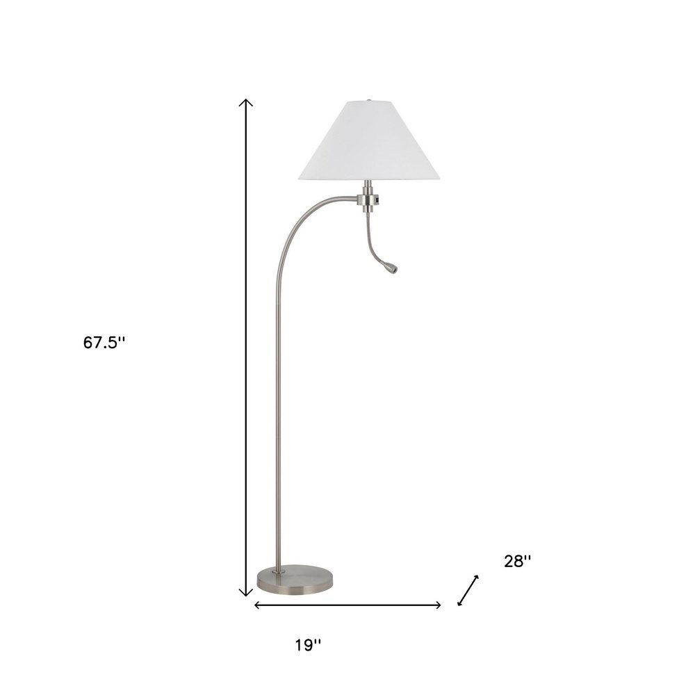 68" Nickel Metal Reading Floor Lamp With White Fabric Empire Shade