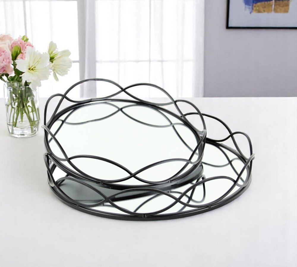 Set of Two Black And Silver Metal And Mirrored Glass Round Vanity Trays