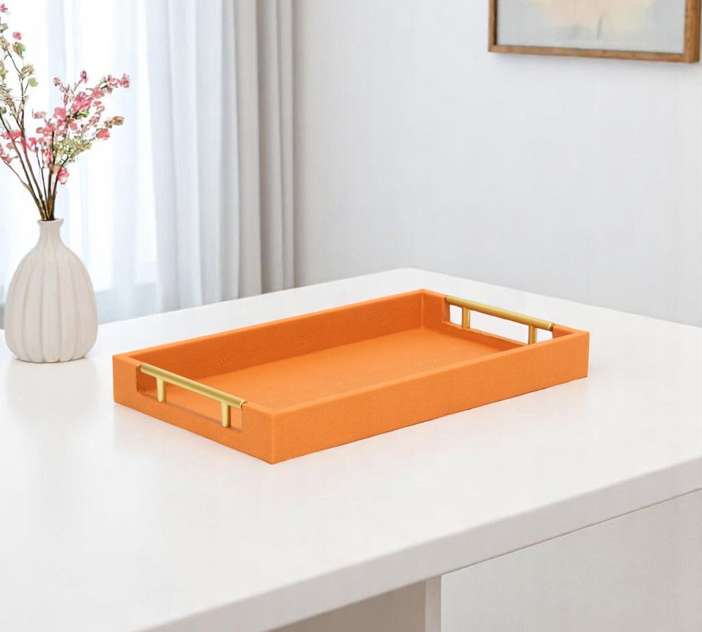 16" Orange And Gold Faux Shagreen Handmade Serving Tray With Handles