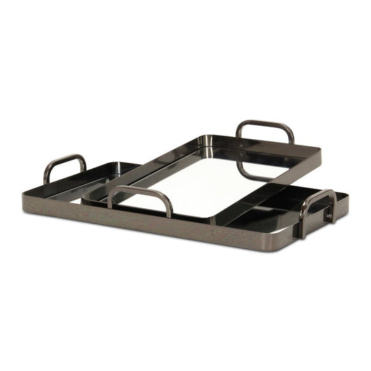 Set of Two Pewter Aluminum And Mirrored Glass Handmade Serving Trays