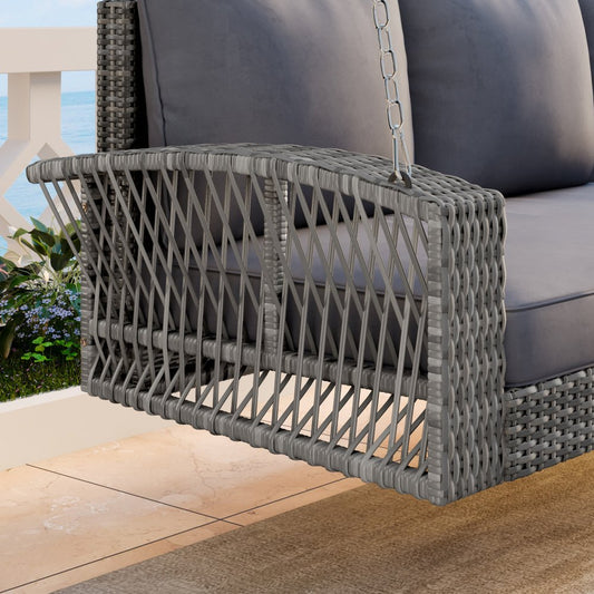 69" Gray Woven Rattan Outdoor Swing Chair with Gray Cushion