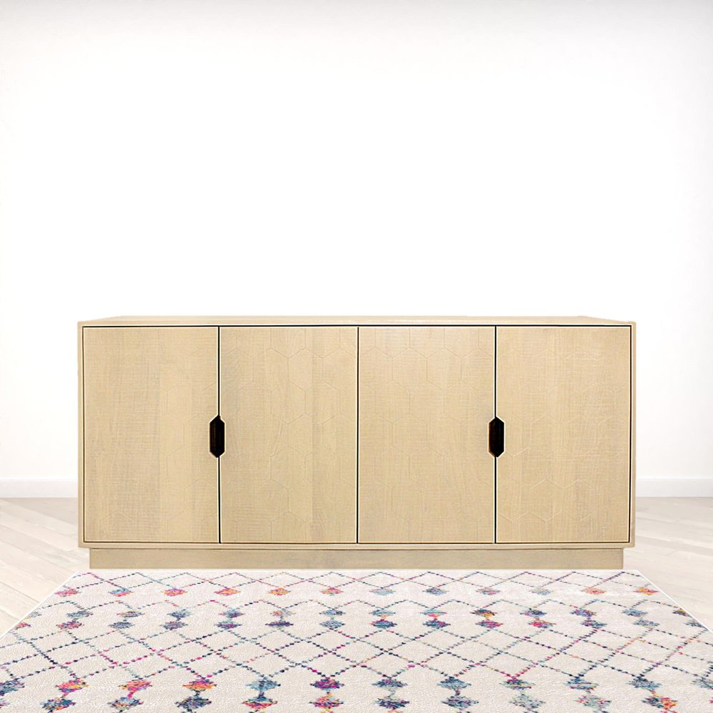 72" Natural Distressed Solid Wood Carved Geometric Sideboard with Four Doors