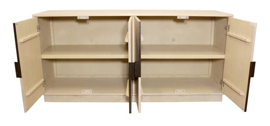 72" Natural Distressed Solid Wood Carved Geometric Sideboard with Four Doors