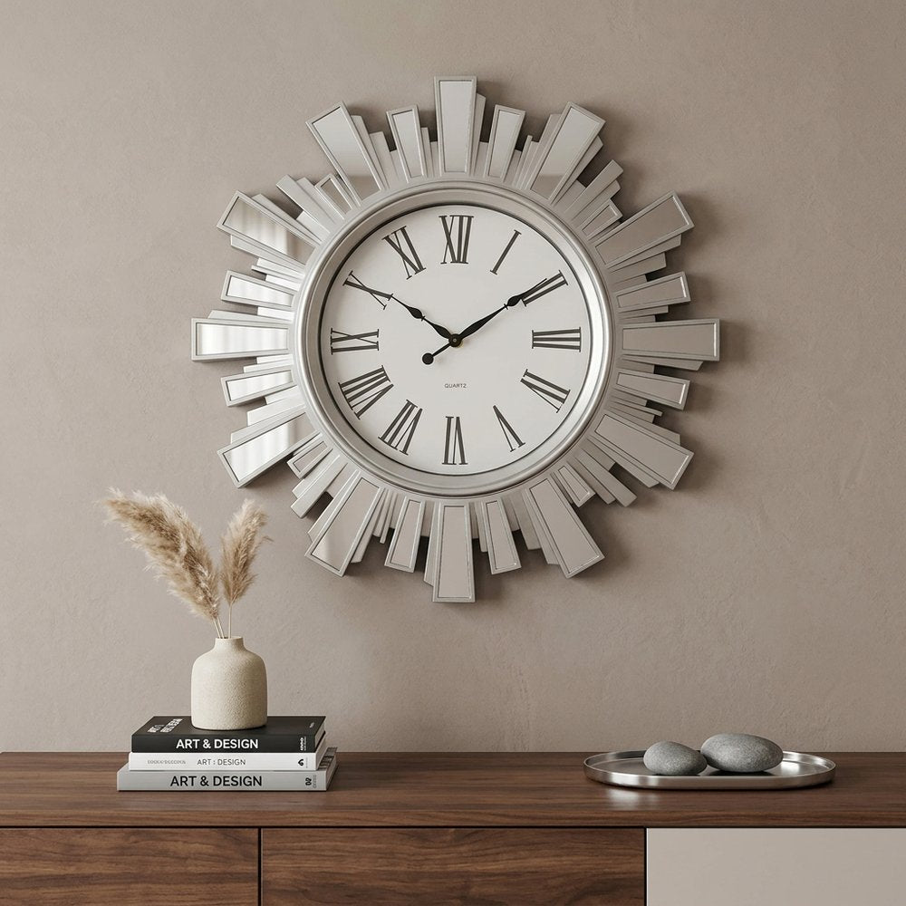 19" Silver And Clear Mirrored Glass And Heavy Duty Plastic Silent Analog Sunburst Wall Clock