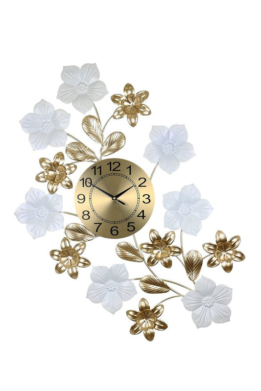 26" Gold White And Black Metal Silent Analog Floral Wall Clock