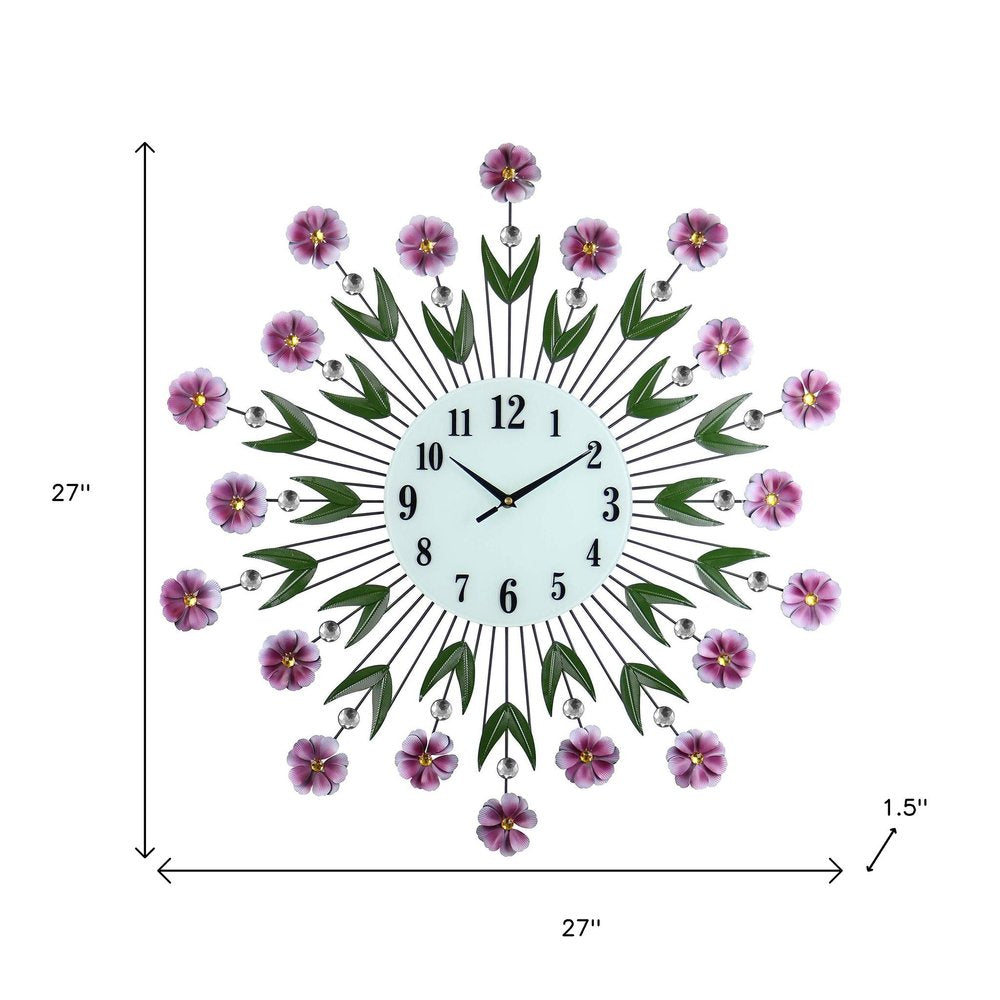 27" Purple Green And White Metal and Glass Silent Analog Floral Round Wall Clock