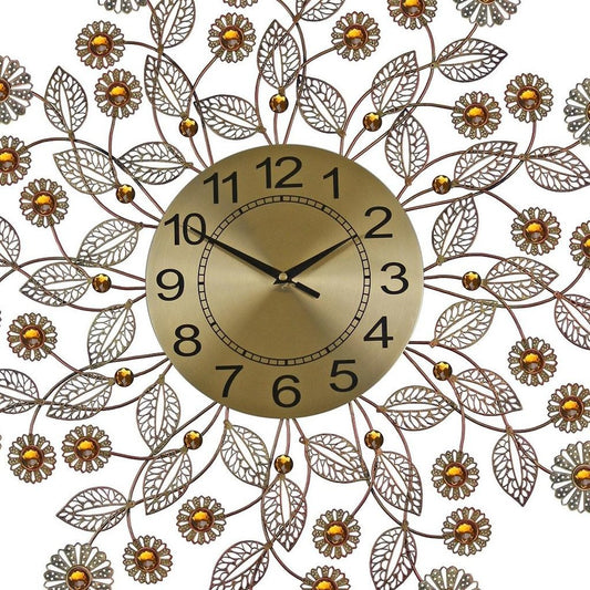 27" Gold And Black Metal And Faux Crystal Silent Analog FloralWall Clock