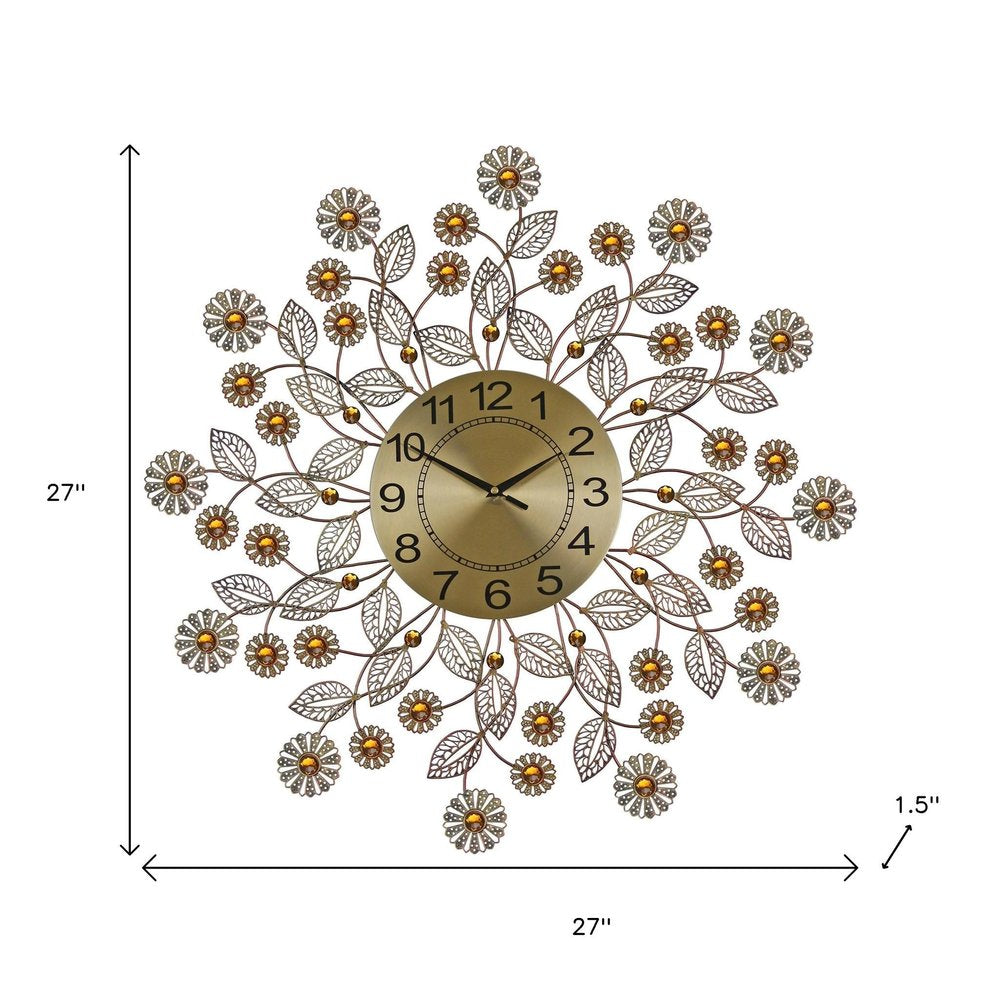 27" Gold And Black Metal And Faux Crystal Silent Analog FloralWall Clock