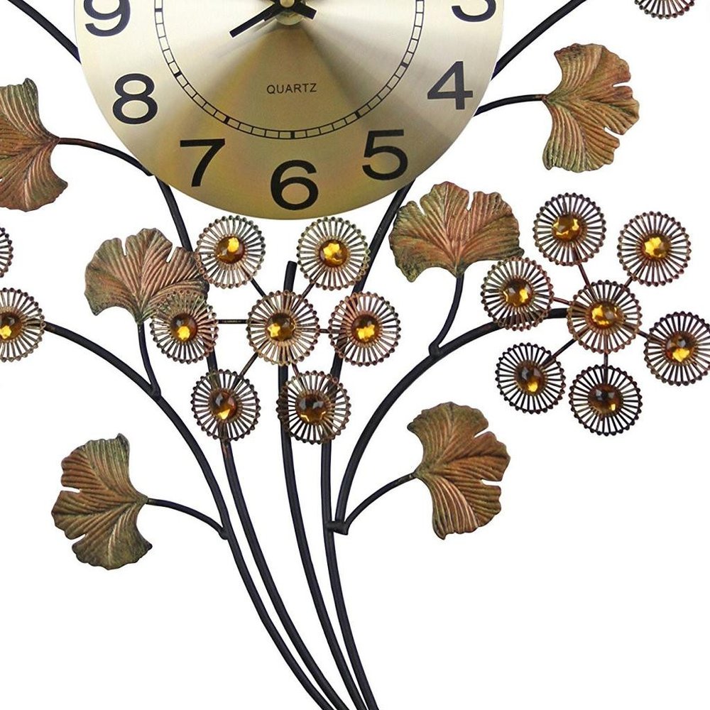 22" Copper Metal And Faux Crystal Silent Analog Gingko Floral Wall Clock