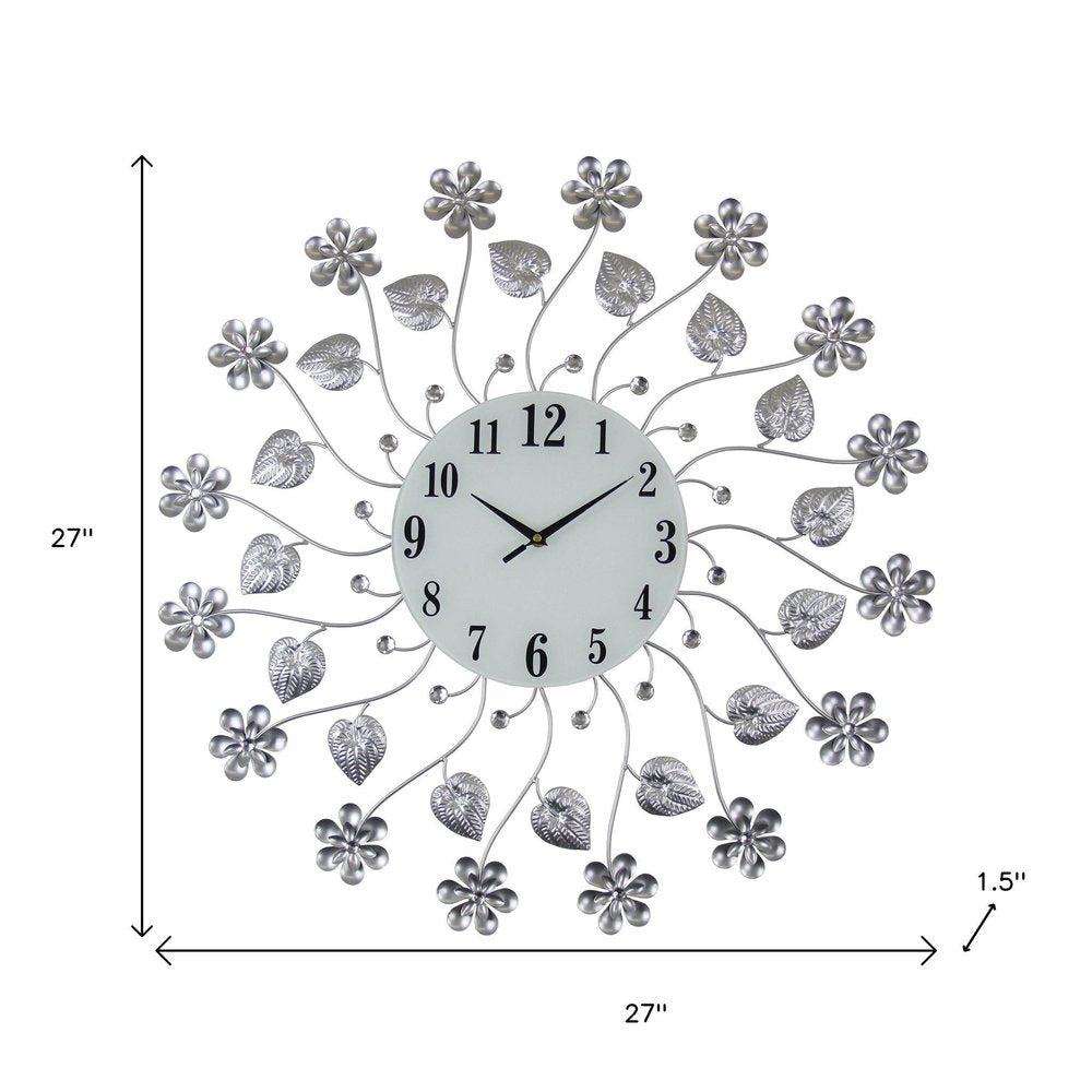 27" Silver White And Black Metal and Glass Silent Analog Floral Round Wall Clock