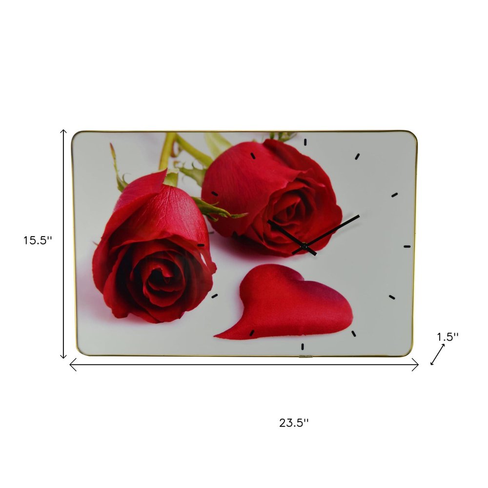 24" Red White And Gold Solid Wood and Acrylic Silent Roses Floral Wall Clock