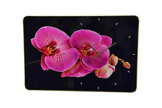 24" Pink Black And Gold Solid Wood and Acrylic Silent Orchids Floral Wall Clock