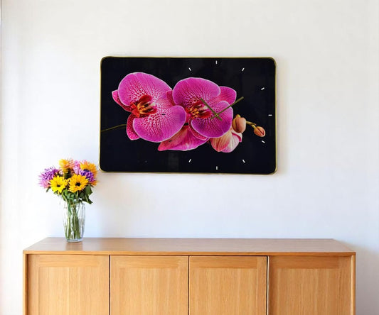 24" Pink Black And Gold Solid Wood and Acrylic Silent Orchids Floral Wall Clock