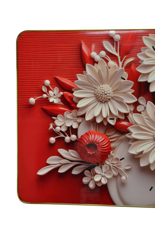 24" White Red And Black Solid Wood and Acrylic Silent Analog Floral Wall Clock