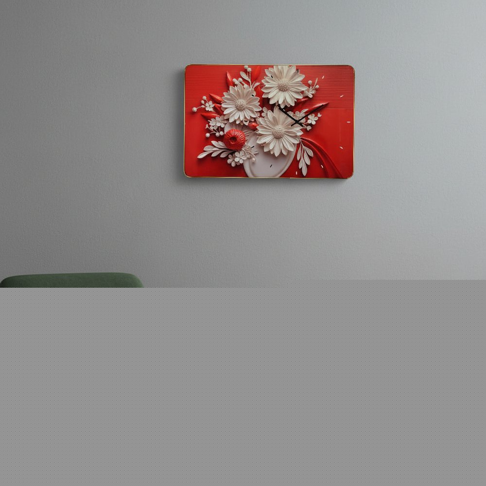 24" White Red And Black Solid Wood and Acrylic Silent Analog Floral Wall Clock