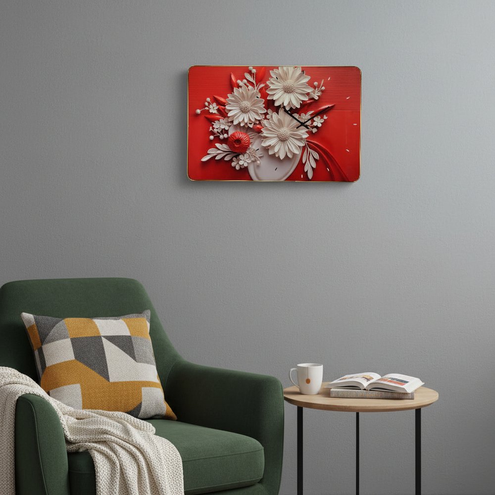 24" White Red And Black Solid Wood and Acrylic Silent Analog Floral Wall Clock